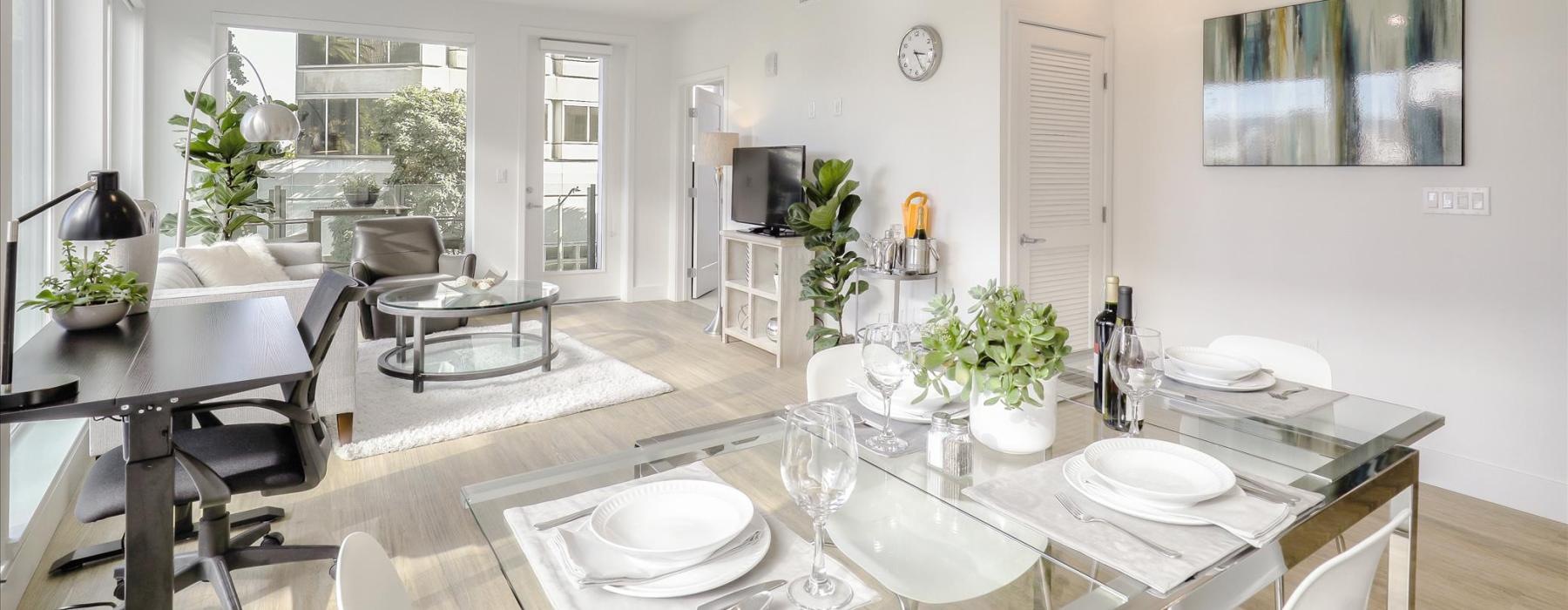 a dining room with a large table
